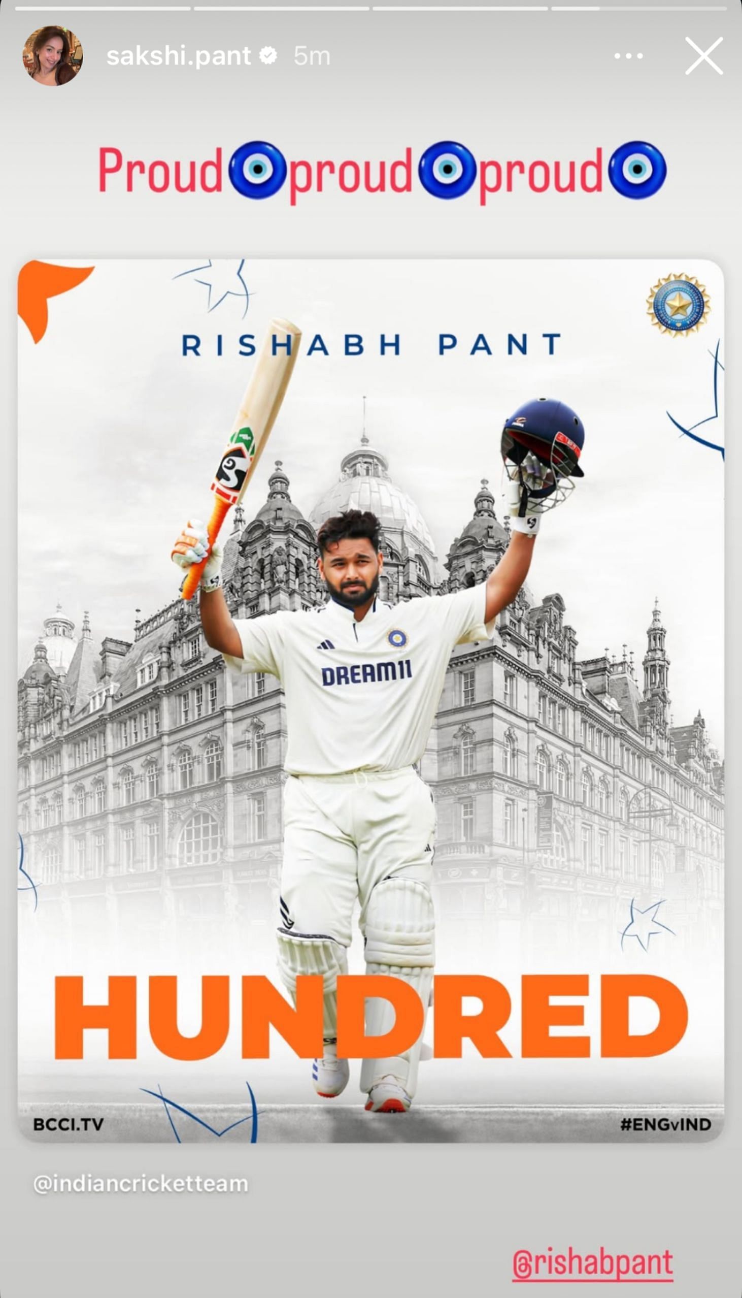 Sakshi’s heartwarming reaction as Rishabh Pant slams scintillating ton (Image via Instagram-@sakshi.pant)